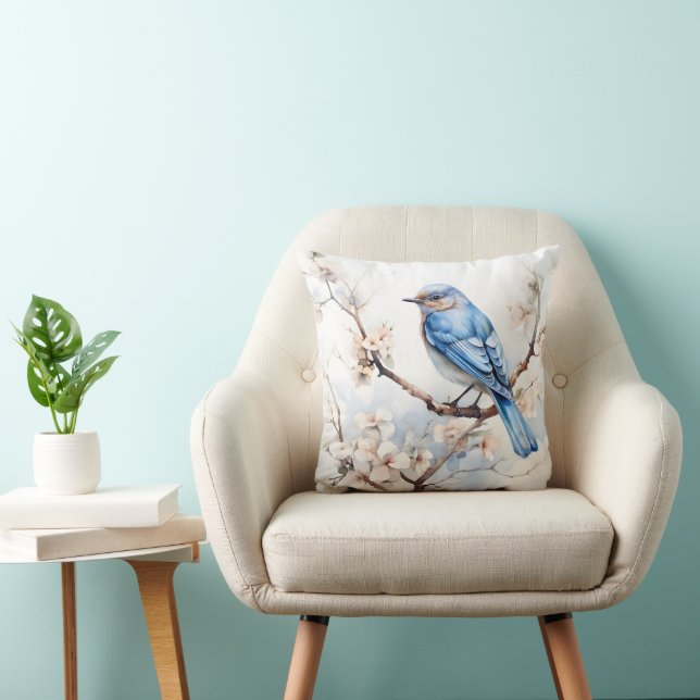 Spring Bluebird in the Blossoming Tree Throw Pillow (Chair)