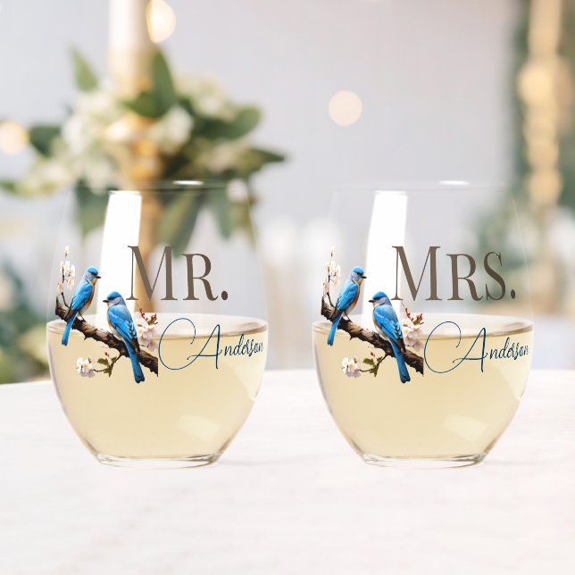 Spring Bluebirds Mr. and Mrs. Stemless Wine Glass (Insitu (Wedding))