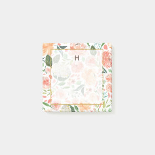 Spring Blush and Peach Watercolor Florals Monogram Post-it Notes