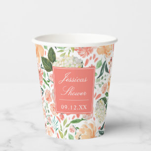Spring Blush Floral on Custom Colour Bridal Shower Paper Cups