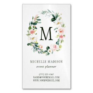 Spring Blush Floral Wreath Monogram Magnetic Business Card