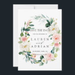 Spring Blush Floral Wreath Wedding Save the Date<br><div class="desc">Elegant Wedding Save the Date Card featuring a wreath of watercolor flowers in blush pink and white with green foliage.  For more advanced customization of this design,  Please click the "Customize" button. Matching items are also available.</div>