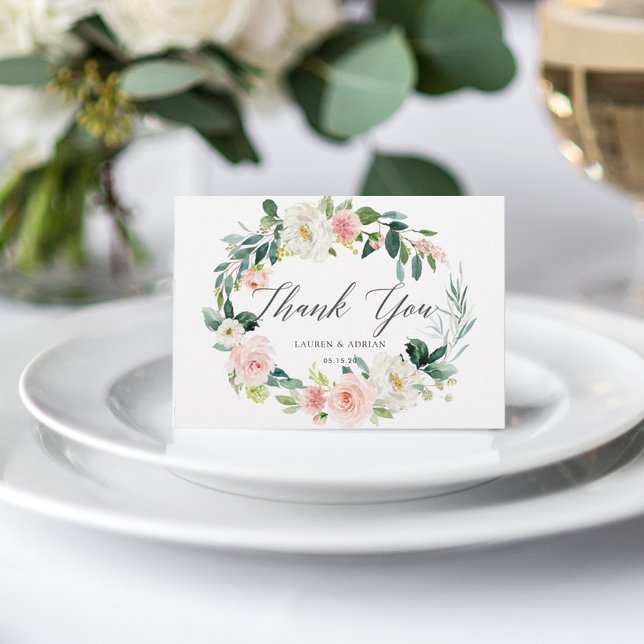 Spring Blush Floral Wreath Wedding Thank You Card (Creator Uploaded)