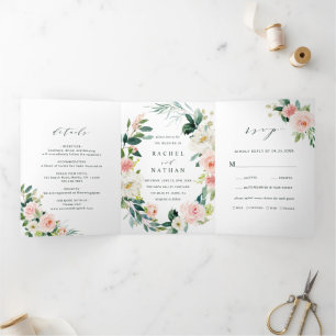Spring Blush Floral Wreath Wedding Tri-Fold Invitation