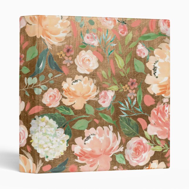 Spring Blush Peach Watercolor Floral Aged Gold Binder (Front/Spine)