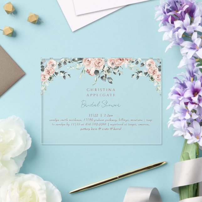 Spring Blush Roses Elegant Bridal Shower  Acrylic Invitations (Insitu (Wedding))