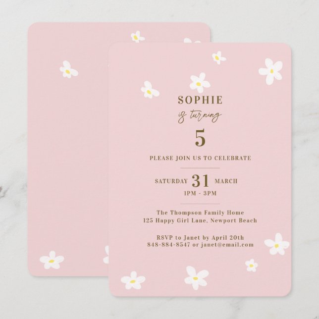 Spring Blush White Daisies Girl Birthday Party Invitation (Front/Back)