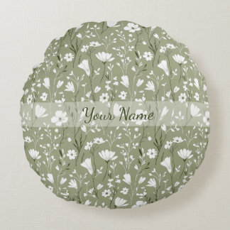 Spring Bobo Wildflowers Sage Green Personalized Round Pillow