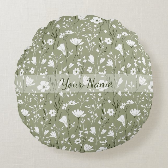 Spring Bobo Wildflowers Sage Green Personalized Round Pillow (Front)