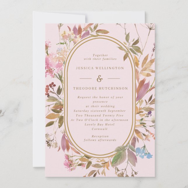 Spring Boho Blush & Gold Wildflowers Frame Wedding Invitation (Front)