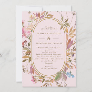 Spring Boho Blush & Gold Wildflowers Frame Wedding Invitation