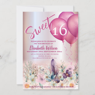 Spring Boho floral Girly balloon glittery    Invitation