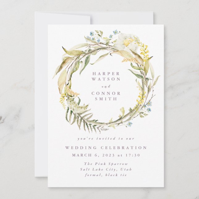 Spring Boho Micro Wildflower Pampas Wreath Wedding Invitation (Front)