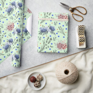 Spring Botanical Flower Pattern Green Wrapping Paper