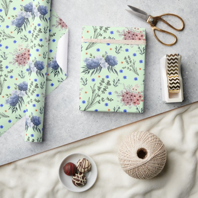 Spring Botanical Flower Pattern Green Wrapping Paper (Crafts)