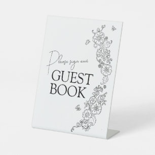 Spring botanical line art mono guest book  pedestal sign