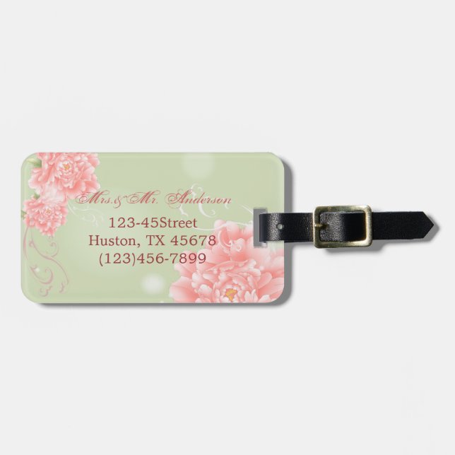 Spring Botanical mint pink peony wedding Luggage Tag (Front Horizontal)