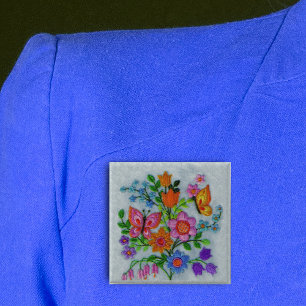 Spring Bouquet Flowers Butterflies 2 Inch Square Button