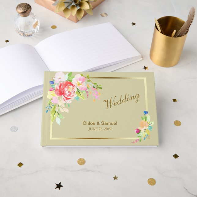 Spring Bouquet Gold Frame Wedding Guest Book (Front Open)