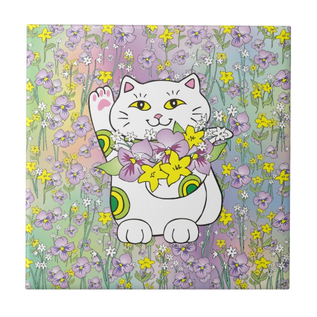 Spring Bouquet Maneki Neko (Lucky Cat) Tile (Front)