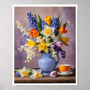 Spring Bouquet of Cheerful Daffodils Tulips Teacup Poster