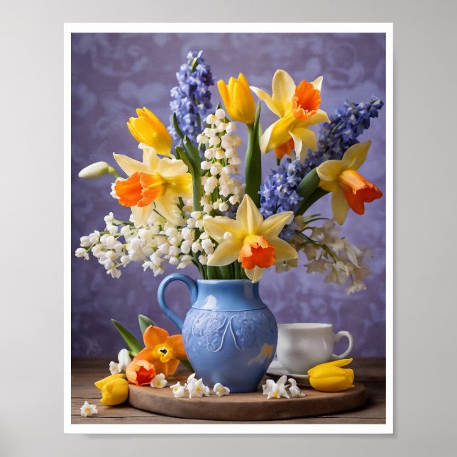Spring Bouquet of Daffodils Hyacinths Blue Vase Poster (Front)