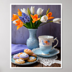 Spring Bouquet of Daffodils Tulips Tea Cookies Poster