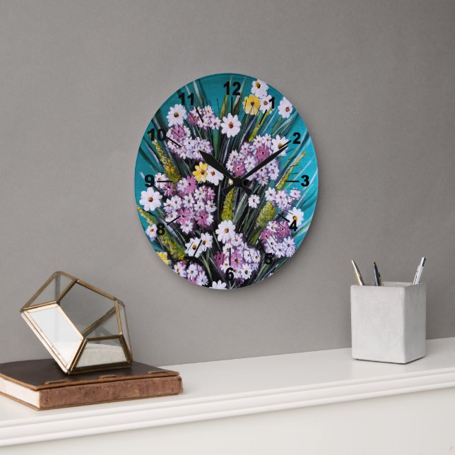 Spring Bouquet Painting by Alfred Fox Large Clock (Office)
