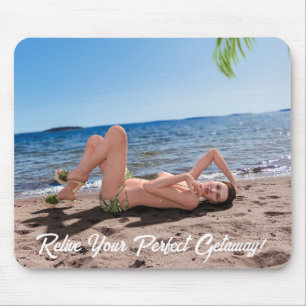 Spring Break Girl Lying on Sandy Beach Mouse Pad