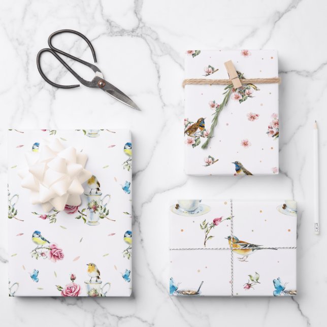 Spring Bridal Mother's Day Watercolor Birds Wrapping Paper Sheet (Front)