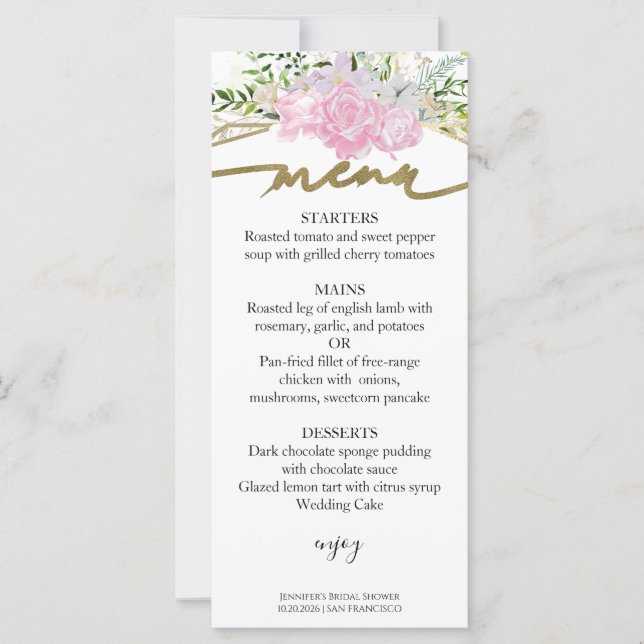 Spring Bridal Shower Menu Card Gilded Wildflower (Front)