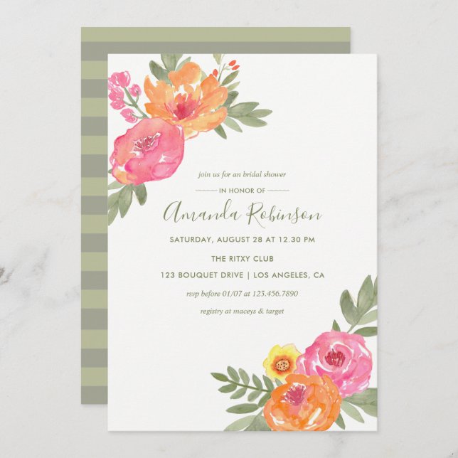 Spring Bridal Shower watercolor flowers invite (Front/Back)