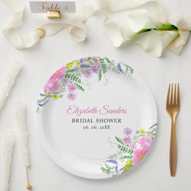 Spring Bridal shower with wildflowers Pink Color Paper Plate (Wedding)