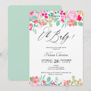 Spring bright pink floral watercolor baby shower invitation