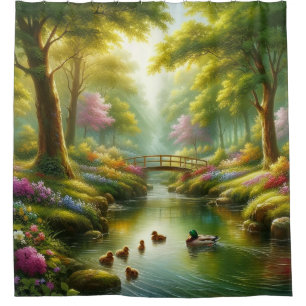 Spring brook with ducks/flowers
