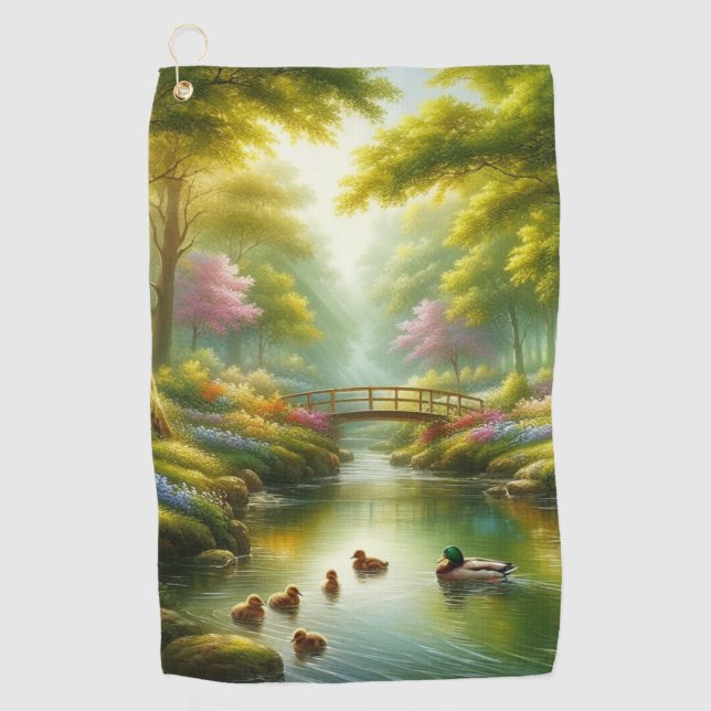 Spring brook with ducks/flowers golf towel (Front)