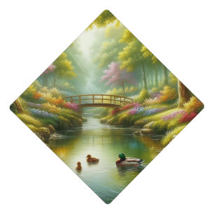 Spring brook with ducks/flowers graduation cap topper