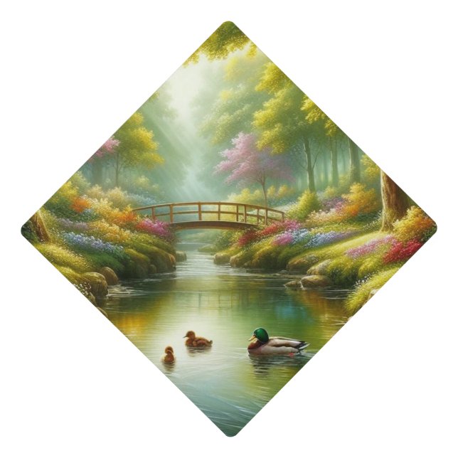 Spring brook with ducks/flowers graduation cap topper (Front)