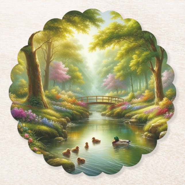 Spring brook with ducks/flowers paper coaster (Front)