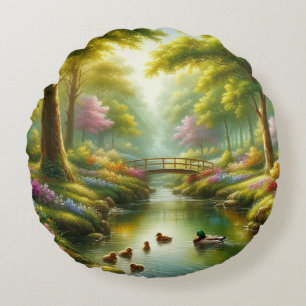 Spring brook with ducks/flowers round pillow