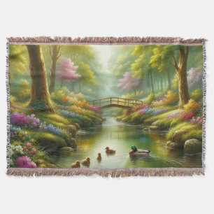 Spring brook with ducks/flowers throw blanket