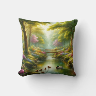 Spring brook with ducks/flowers throw pillow