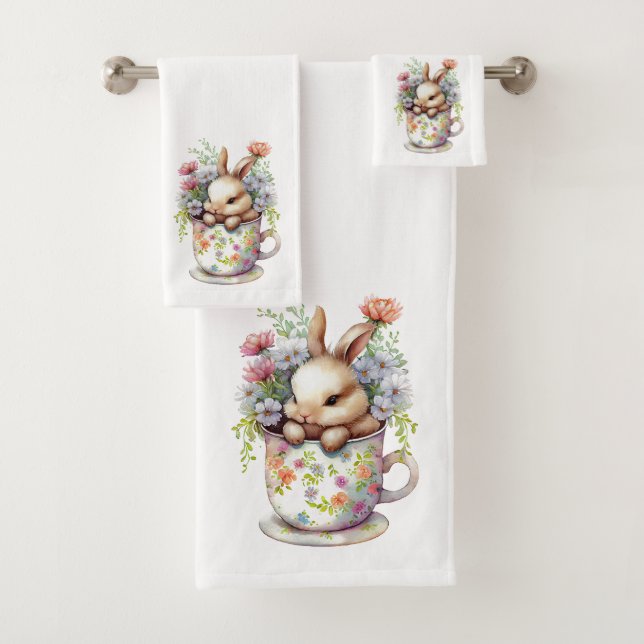 Spring Bunnies, Flowers and Tea Cups Bath Towel Se (Insitu)