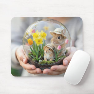Spring Bunnies in Terrarium Held by Child's Hand Mouse Pad