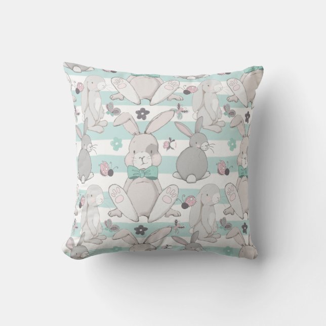 Spring bunnies pattern throw pillow (Front)