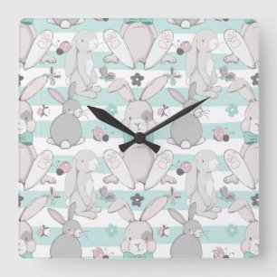 Spring bunnies square wall clock