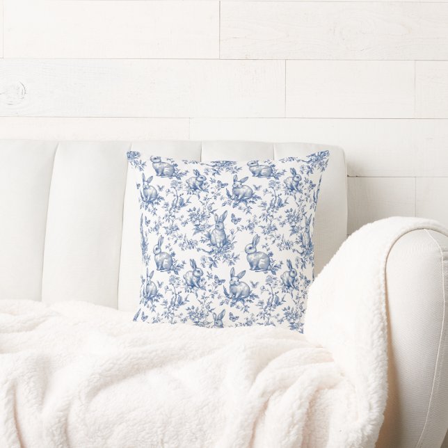 Spring Bunny Blue Chinoiserie Throw Pillow (Spring Bunny Blue Chinoiserie Throw Pillow)