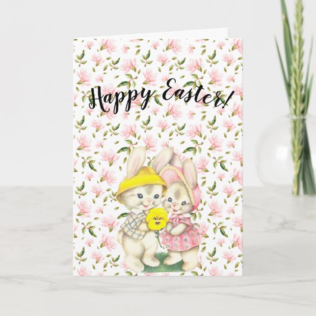 Spring Bunny Couple Floral Greeting Card (Front)