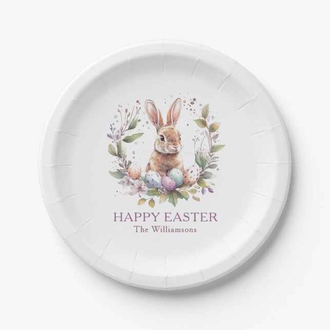 Spring Bunny Easter Egg Wreath Personalized Paper Plate (Front)