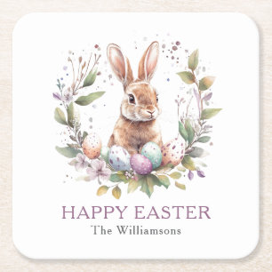 Spring Bunny Easter Egg Wreath Personalized Square Paper Coaster